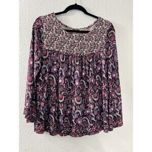 Lucky Brand Boho Long Sleeve Top Paisley Floral‎ Sz M Wide Sleeve Smocked Tunic